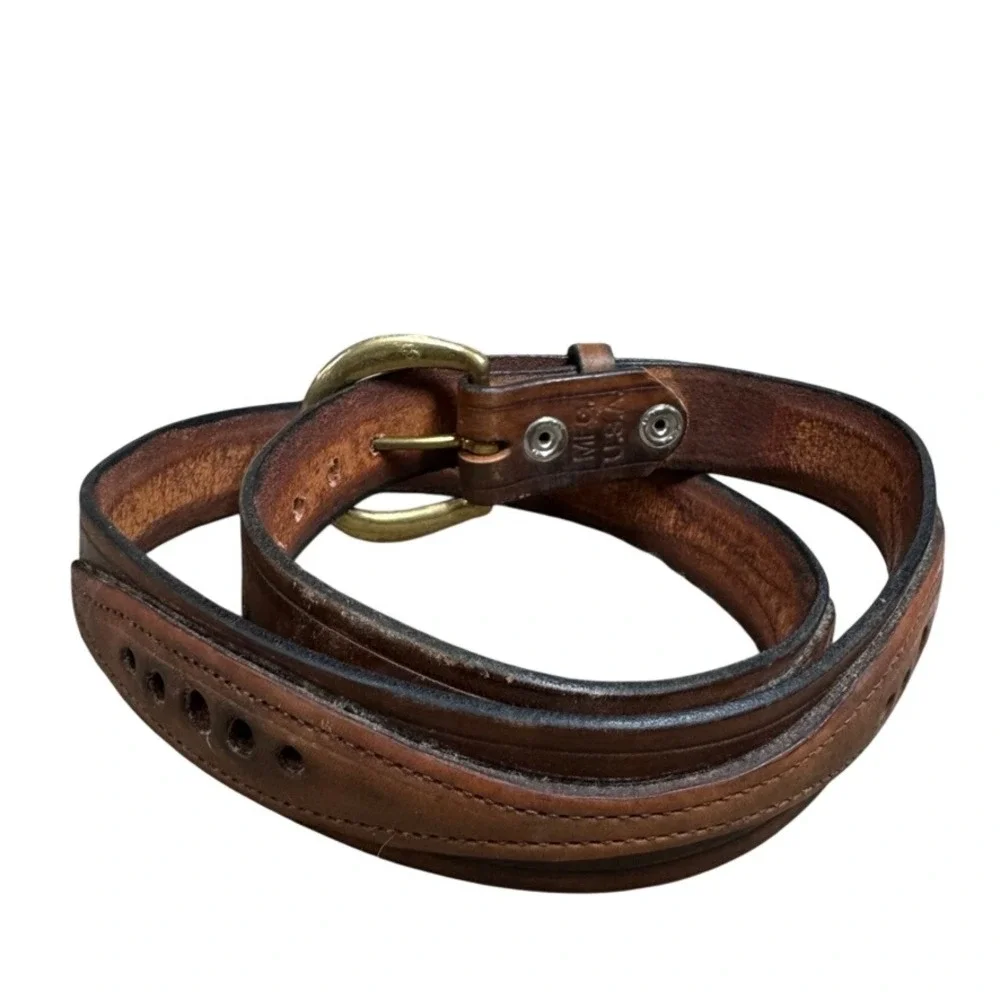 Surtane Brown Leather Belt Brass Buckle Made in USA Vintage Style Size 44-48